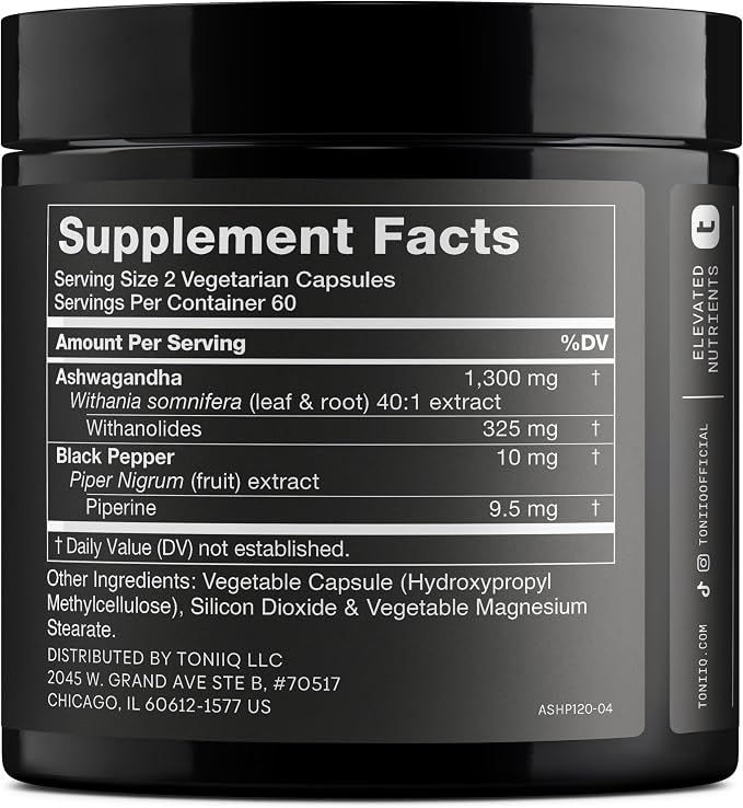Toniiq Ashwagandha – 40:1 Concentrated Extract – 325 mg Withanolides per Serving – Wild Harvested in India – Highly Bioavailable with Black Pepper – Third-Party Tested – 120 Capsules