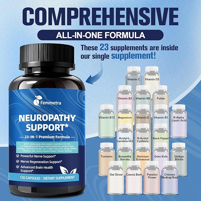 Nerve & Peripheral Neuropathy Support Supplement with 1200mg R-Alpha Lipoic Acid L-Carnitine Vitamin B12 B1 B6 D3 E Folate Lions Mane NAC Magnesium Turmeric - Liver Detox, Antioxidant & Mental Support