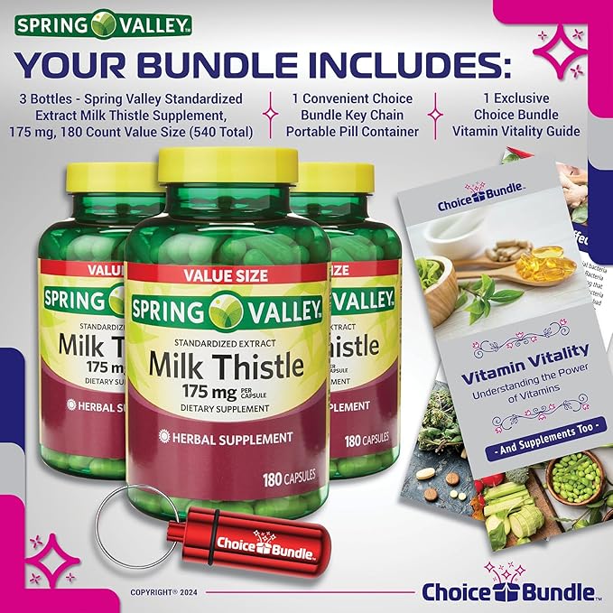 CHOICE BUNDLE Spring Valley Standardized Extract Milk Thistle Dietary Supplement Capsules 175 mg 180 Ct 3 pk (540 Total) + Vitamin Guide and Pill Container (5 Items)!