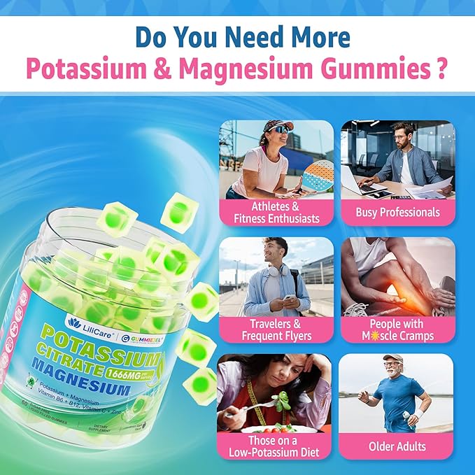 Potassium Citrate Gummies 1666mg for Adults - Potassium Supplement, Magnesium Glycinate, Zinc, B6, B12 & C – Electrolyte Gummies for Energy, Recovery & Leg Cramps, Vegan 60 Cts