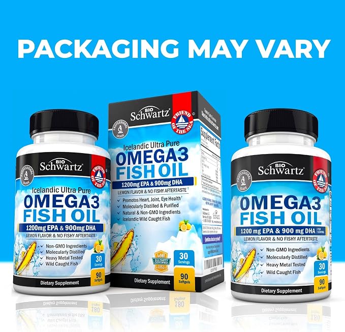 Triple Strength Omega 3 Fish Oil 3000mg - High Potency Omega 3 Supplement for Women and Men, Burpless Lemon Flavor Fish Oil - 2250mg Essential Fatty Acids with DHA & EPA, Wild Caught, 90 Softgels