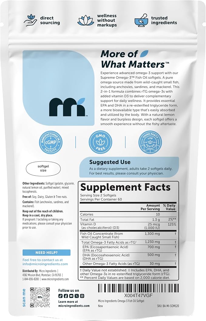Micro Ingredients Supreme Omega-3 Fish Oil w/Ultra High EPA & DHA, Burpless Softgels | rTG Omega-3 with Vitamin D3 | Wild-Caught Cold Deep-Sea Fish | Lemon Flavor, Easy to Swallow, 120ct
