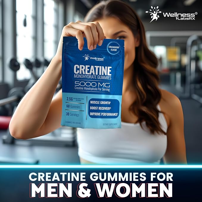 WELLNESS LABSRX Creatine Gummies 5000mg, 30 Servings Creatine Monohydrate Gummies, Strawberry Flavor Creatine for Men - Pack of 2
