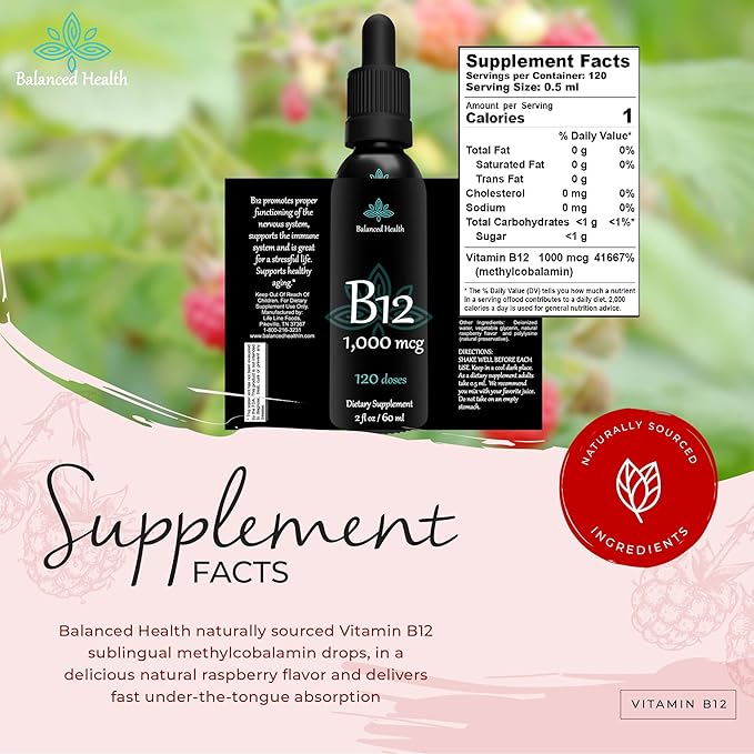 B12 1,000 mcg, 2oz 120 Servings, Raspberry Flavor, Methylcobalamin Sublingual Drops