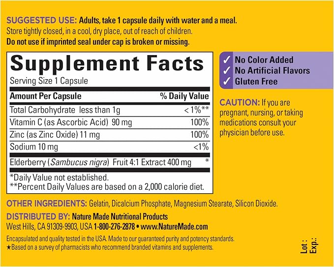 Nature Made Elderberry, Vitamin C and Zinc Capsules, 400 mg Elderberry Extract, Dietary Supplement for Immune Support, 60 Capsules, 60 Day Supply