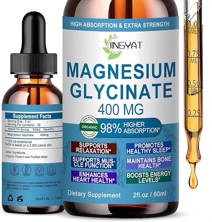 Pure Magnesium Glycinate Drops | High Absorption Liquid Magnesium Glycinate 400mg Support Sleep,Nerve & Bone Health | Magnesium Bisglycinate Chelate for Women & Men | Vegan,Non-GMO,Fast-Acting Formula