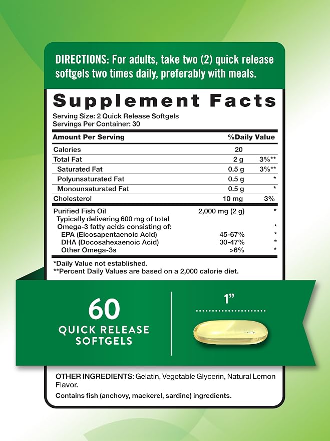 Nature's Truth Fish Oil Omega 3 Supplement | 2000mg | 60 Softgels | EPA & DHA | Lemon Flavor | Non-GMO and Gluten Free