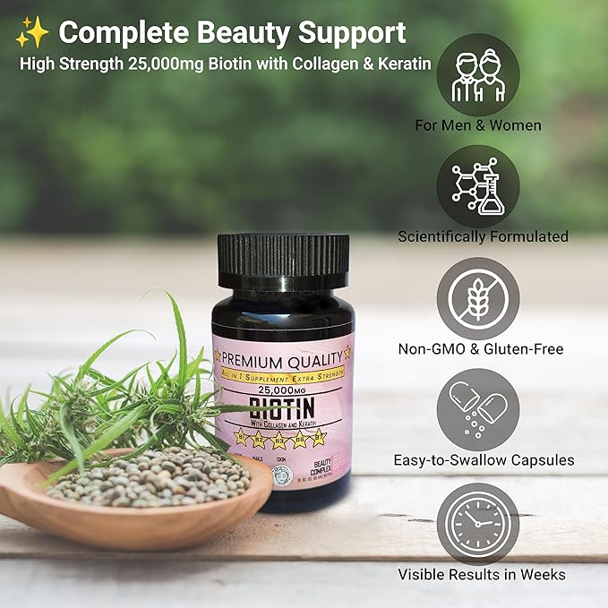 Biotin with Collagen and Keratin Complex, 25000 MG, Beauty Supplement with B Vitamins, 60 Veggie Capsules