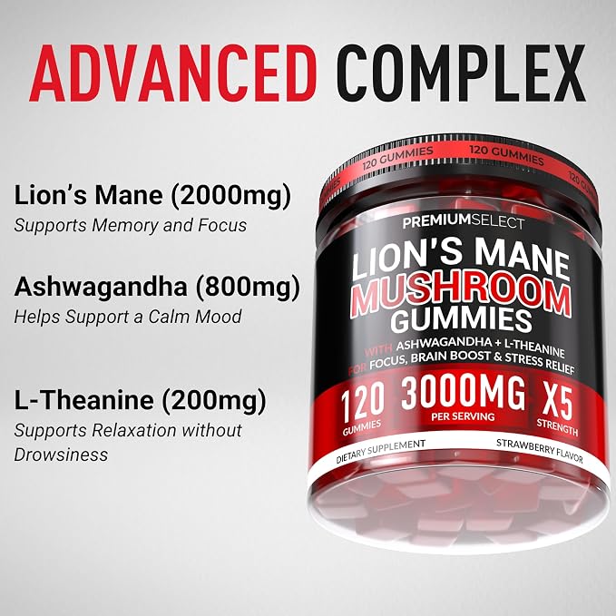Lions Mane Gummies Sugar Free – 120 Gummies for Clarity & Brain Nutrition Support - Lion's Mane Mushroom 3000mg with Ashwagandha & L-Theanine – Brain & Mood Supplement – Focus, Memory, Calm