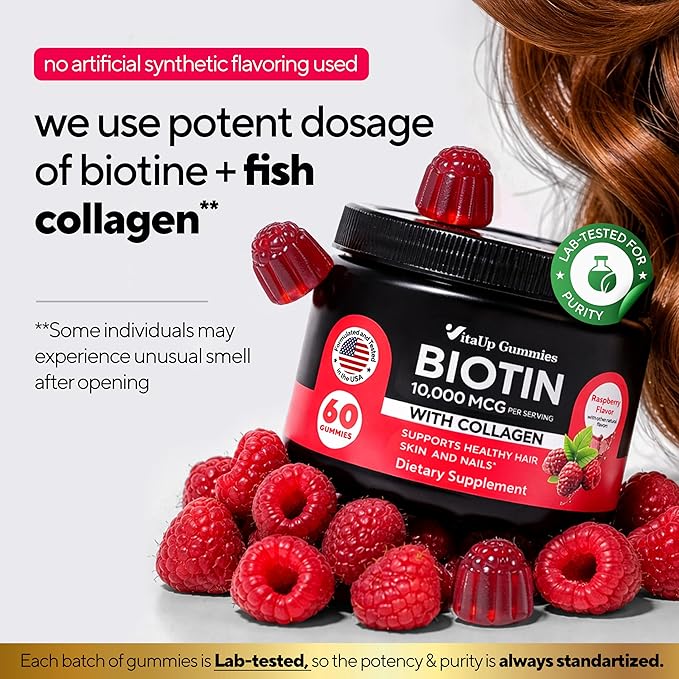 VitaUp Biotin Gummies 10000mcg for Women and Men - Extra Strength Hair, Skin and Nails Gummies with Collagen - Natural Biotin Gummy Supplement for Hair, Skin, Nails Support - 60 ct