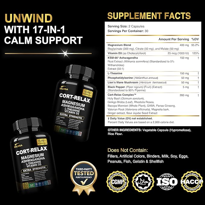 Super Calm Cortisol Supplement with Magnesium Glycinate, Ashwagandha KSM-66, L-Theanine, Phosphatidylserine, Ginkgo Biloba & Lions Mane for Calm, Focus, Mental Clarity, Relaxation, Sleep, Energy