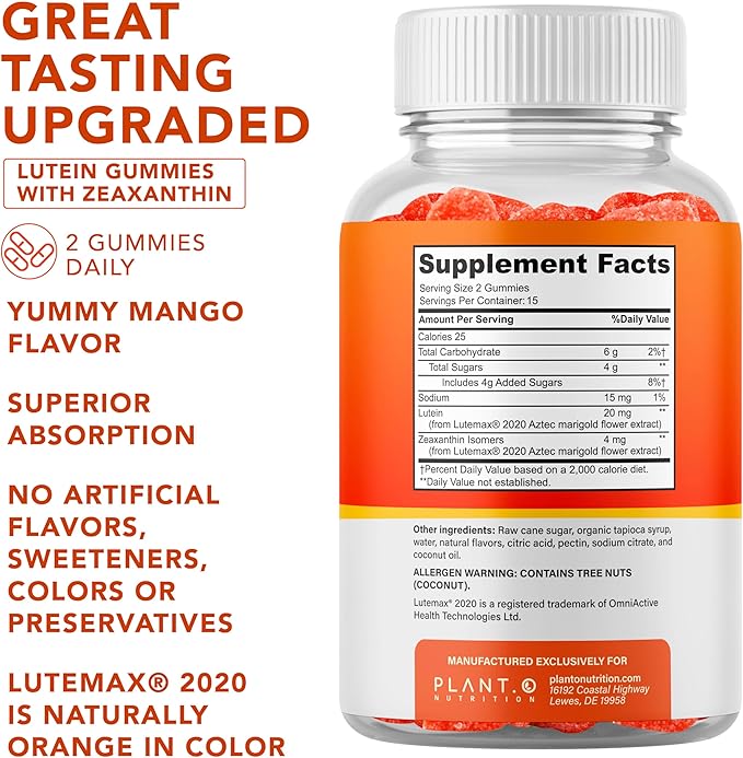 Lutein & Zeaxanthin Gummies - Delicious Vegan Eye Health Vitamins Clinically Studied 20mg Lutein and Zeaxanthin for Vision Clarity Dry Eye Relief and Blue Light Support