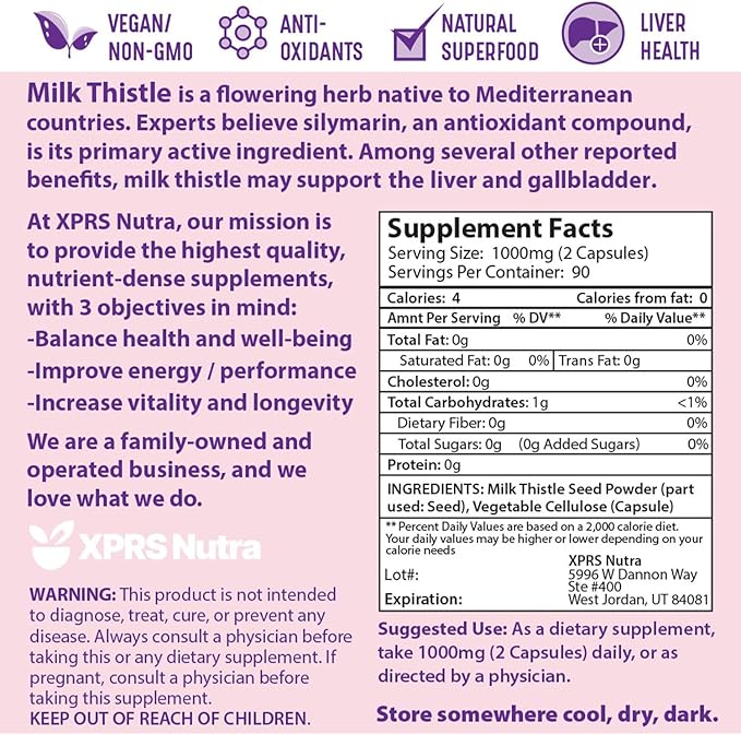 XPRS Nutra Milk Thistle Seed Capsules - 180 Count (3 Month Supply) Premium Milk Thistle Supplement Rich in Silymarin to Support the Liver and Digestion - Pure, Non-GMO Cardo Mariano Pills