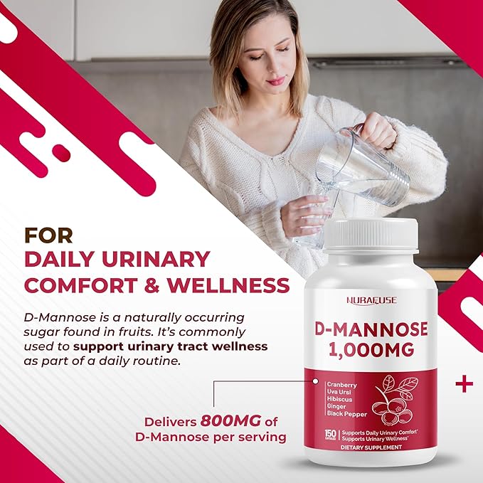 D-Mannose with Cranberry, Uva Ursi, Hibiscus, Ginger, Black Pepper - Supports Urinary Tract Health, Bladder Cleanse