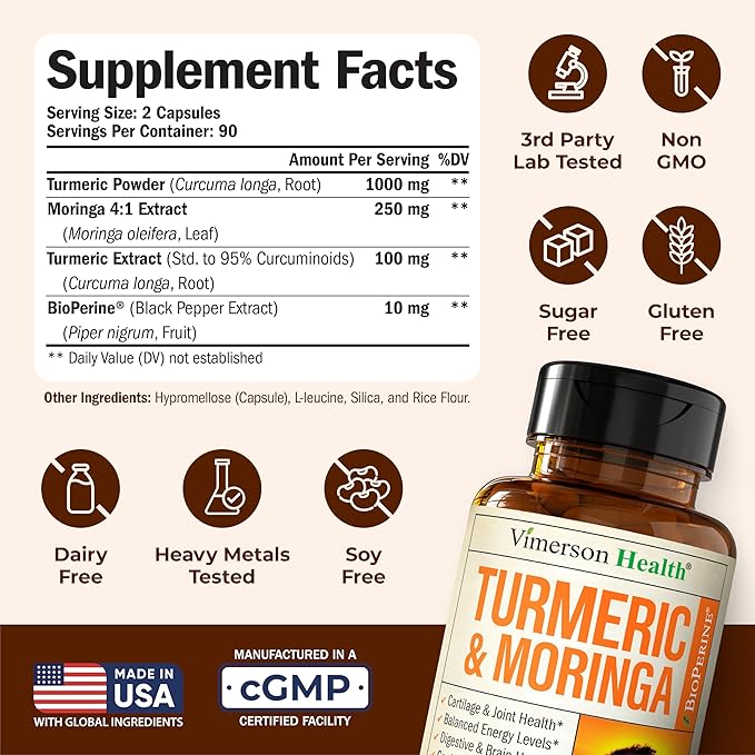 Moringa Turmeric Curcumin Supplement for Joint Health, Gut Health, Energy & Immune Support – Turmeric Curcumin with Black Pepper – Total Wellness Formula with Tumeric Moringa Pure Capsules – 180 Count