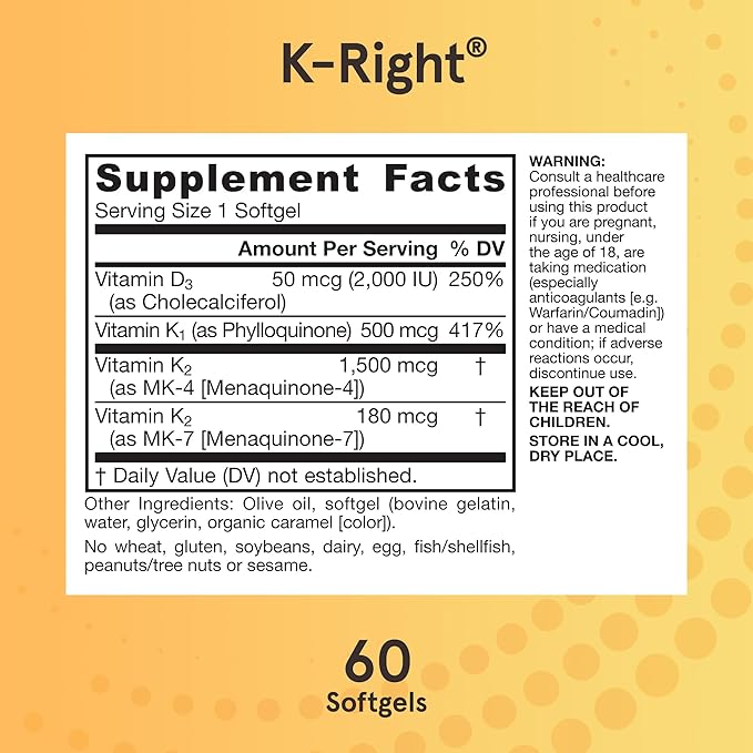 Jarrow Formulas K-Right - Vitamin K-Complex (K1, MK-4, MK-7, D3) - 60 Servings (Softgels) - Dietary Supplement for Bone & Cardiovascular Health Support - Vitamin K2 MK-7 - Gluten Free
