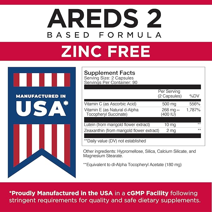 Viteyes AREDS 2 Zinc Free Macular Support, Natural Allergen Free Capsules with Vitamin E, Vitamin C, Lutein & Zeaxanthin, No Zinc, No Copper, Eye Doctor Trusted, Manufactured in the USA, 180 Ct