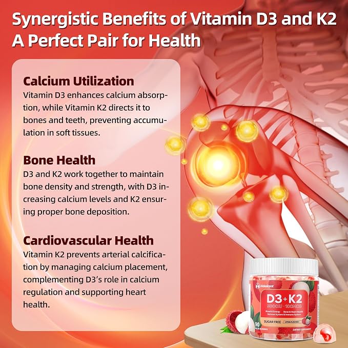 Vitamin D3 K2 Gummies w/Magnesium Sugar Free - 90 Count | D3 Vitamin 5,000 IU + K2(MK-7) 100 mcg - Vegan K2 D3 Vitamin Supplement, Highly Absorbent Supports Bone, Muscle, Mood & Immune(Lychee Flavor)