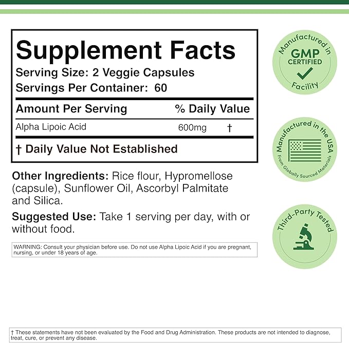 Alpha Lipoic Acid 600mg per Serving, 120 Capsules (Third Party Tested, Non-GMO, Gluten Free, Vegan Safe), Cellular Energy Support (ALA Supplement) by Double Wood