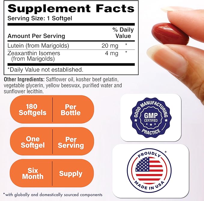 Lutein 20mg with Zeaxanthin 4mg 180 Softgels | Trans-Isomer Marigold Extract in Nature Identical 5:1 Ratio | Supports Healthy Eye, Skin and Brain | Non-GMO Soy & Gluten Free | by Health Thru Nutrition