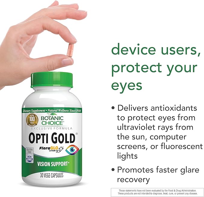 Botanic Choice Opti Gold Vision Eye Health Support Supplement - Six Nutrients and Vitamins with Taurine, Lutein Alpha Lipoic Acid and FloraGlo - Gluten Free, Non-GMO, 30 Capsules