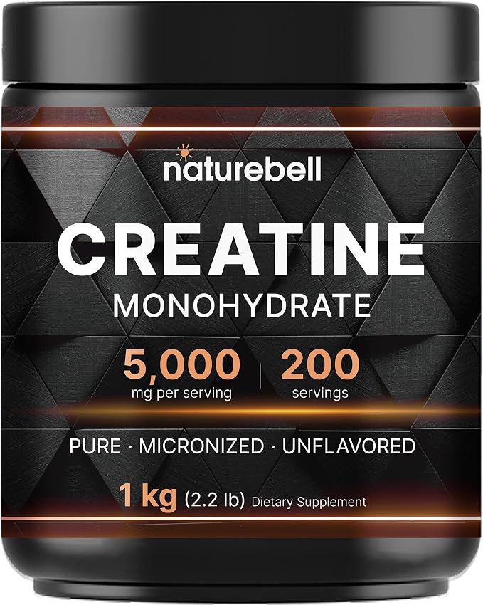 NatureBell Creatine Monohydrate Powder 1,000g, 5,000mg Per Serving, 200 Servings (2.2 lb) | Micronized, Pure & Unflavored | Pre-Workout Muscle Support* | Keto, Vegan, Filler-Free