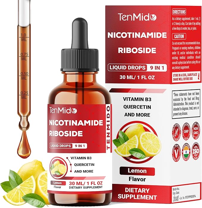 NAD+ Supplement Liquid Drops - 9in1 with Nicotinamide Riboside, Resveratrol, Quercetin, TMG Trimethylglycine, Fisetin, Co Q10, PQQ, and Black Pepper - 30ml 1 Fl Oz