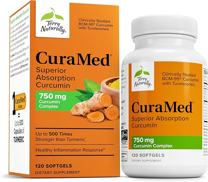 Terry Naturally CuraMed 750 mg - Antioxidant Supplement for Brain & Heart Health Support - Supplement with High-Potency Curcumin Complex - Kidney, Liver & Immune Health Support - 120 Softgels (1 Pack)