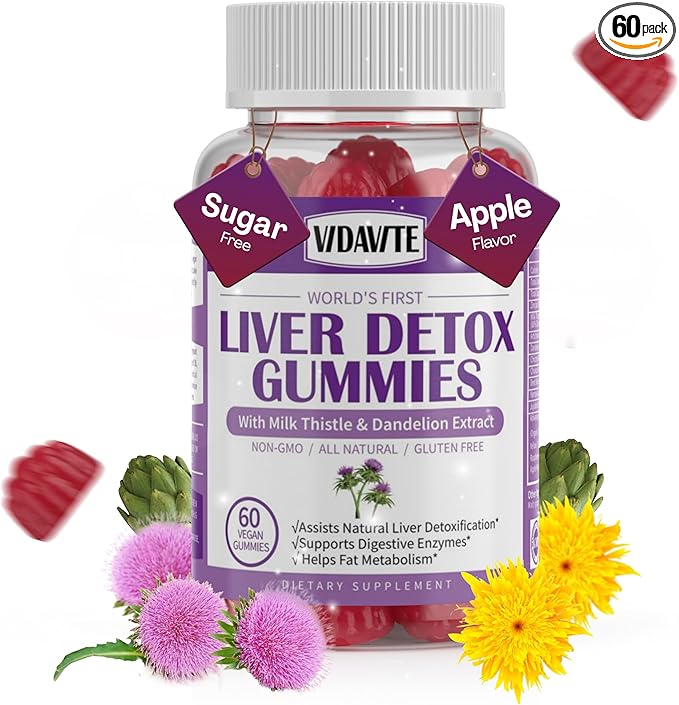 VIDAVITE Liver Cleanse Detox & Repair Gummies — Sugar-free, US-Made, 1500mg Milk Thistle Supplement with Artichoke, Dandelion and 20+ Herbs — Liver Support Supplement for Men & Women(60 Vegan Gummies)