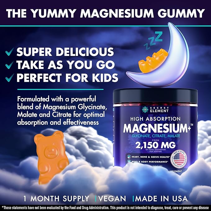 Secret Element Magnesium Glycinate 2150MG Gummies for Women and Men, High Absorption Magnesium Glycinate, Citrate, Malate, Sugar Free, Vegan, 60 Chews, Pack of 2, Orange
