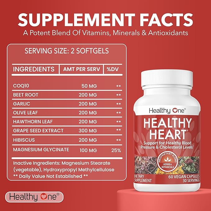 Healthy Heart - Promotes Healthy Cholesterol Circulation & Blood Pressure - Plaque - Cortisol - Arteries - LDL - HDL - CoQ10 - Hawthorne - Beet Root - Garlic - Olive Leaf - Hibiscus - 60 Count