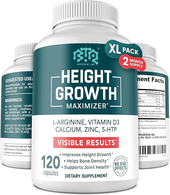 Height Growth Maximizer, Calcium, Vitamin D3 and Zinc Blend Pills, Bone Growth Supplement for Kids and Teens, Bone Strength, Density Support, GMO-Free, Gluten-Free, Made in USA, 120 Caps