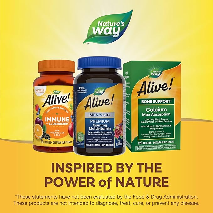 Nature's Way Alive! Men’s 50+ Premium Gummy Multivitamin, Supports Healthy Heart, Brain & Muscle Function*, B-Vitamins, Vegetarian, Grape, Orange and Cherry Flavored, 75 Gummies, (Pack of 2)
