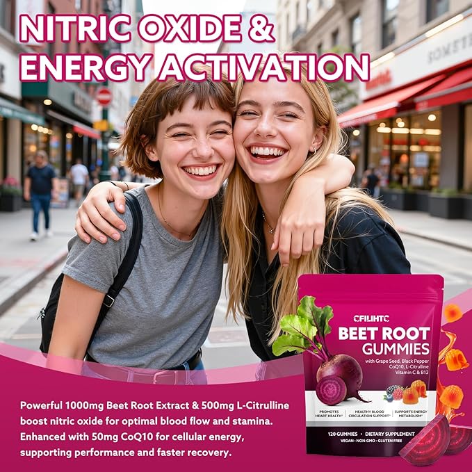 Beetroot Gummies - Beet Root for High Blood Pressure Supplements with Grape Seed Extract + CoQ10 + Black Pepper Extract + L-Citrulline + Vitamin C B12 Ultimate Heart for Blood Flow & Energy, 120 Count