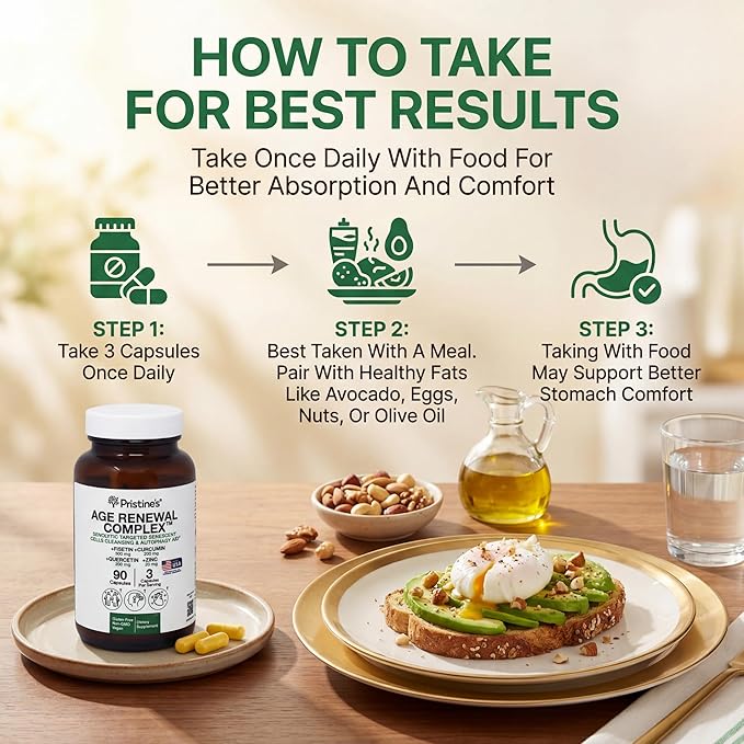 Age Renewal Complex - Cellular Renewal & Senescent Cell Removal Support - Fisetin, Quercetin, Curcumin, Zinc -Senolytic & Autophagy Aid Supplement - - Non-GMO, USA Made Glass Bottle