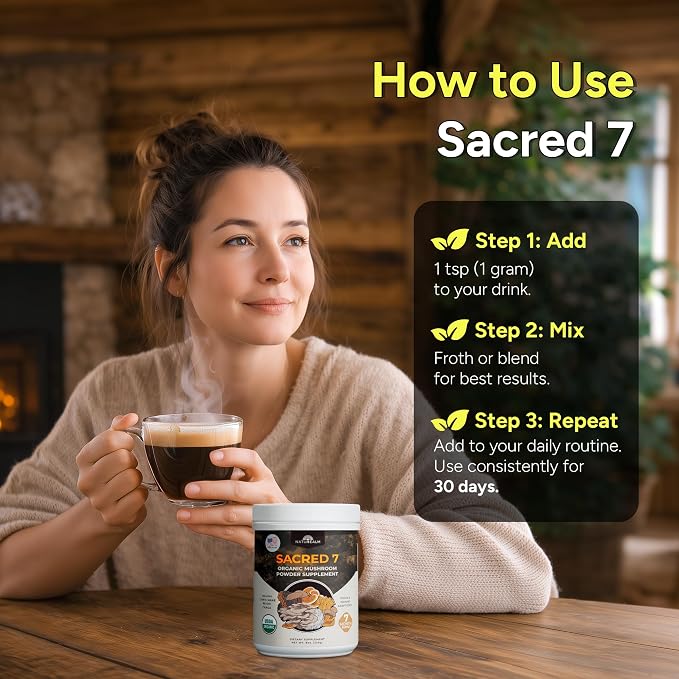 Naturealm Sacred 7 Organic Mushroom Powder Supplement | 7-Month Supply | 7-in-1 Blend with Lions Mane, Reishi, Chaga | Brain & Immune Support | 100% Fruiting Bodies for Coffee & Smoothies