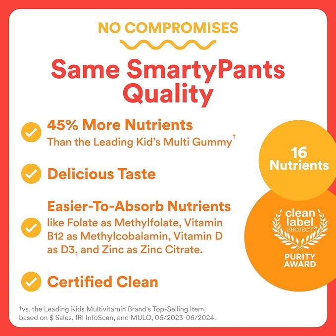 SmartyPants Kids Multivitamin Gummies, Omega 3 (DHA/EPA), Vitamins D3, C, B12, B6, Vitamin A, K & Zinc, Gluten Free, Cherry Berry Punch Flavors, 60 Count (30 Day Supply)