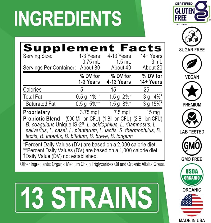 Organic Liquid Probiotic Drops Supplement - Organic Probiotics for Kids, Women & Men, Digestive Gut Health - Vegan Acidophilus Probiotics, Kid Flora Toddler Liquid Probiotic for Kids, Womens, Men 2 Oz