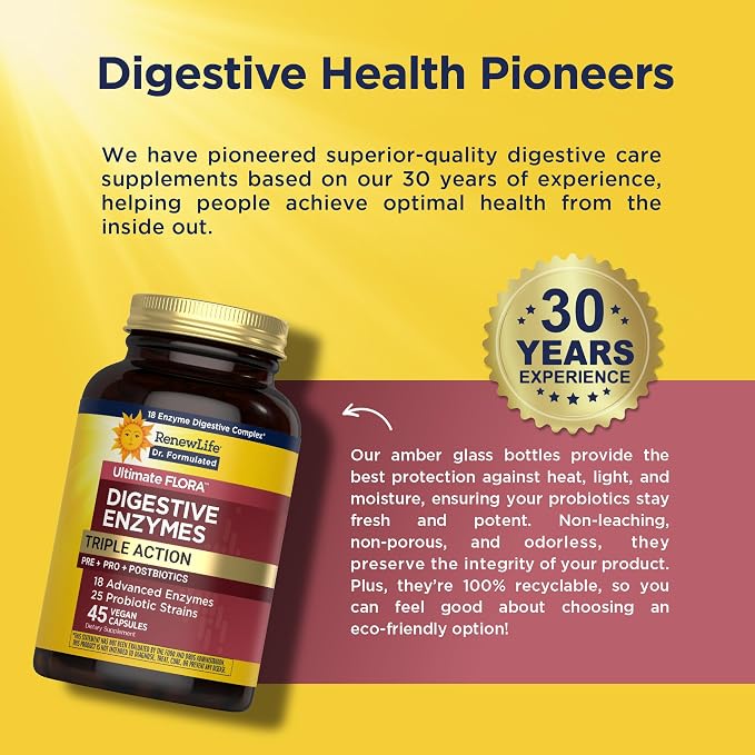 Renew Life Ultimate Flora Digestive Enzymes with Probiotics and Prebiotics | Doctor Formulated | 45 Vegan Capsules | Eases Occasional Gas, Bloating & Discomfort | Dairy, Soy and Gluten Free Supplement