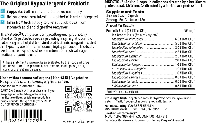 Klaire Labs SFI Health Ther-Biotic Complete - 25 Billion CFU Gut Probiotics for Women and Men - Hypoallergenic, 12 Strain Probiotic Capsules for Digestive Health and Immune Support (120 ct, 2 Pack)