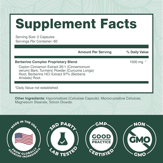 PurePremium Berberine with Ceylon Cinnamon Complex - 1500mg Berberine Supplement HCl, Cinnamon & Turmeric Supplement Supports Blood Sugar Levels Already Within Normal Range - 2 Month Supply, 120ct