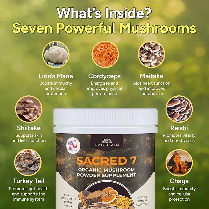 Naturealm Sacred 7 Organic Mushroom Powder Supplement | 7-Month Supply | 7-in-1 Blend with Lions Mane, Reishi, Chaga | Brain & Immune Support | 100% Fruiting Bodies for Coffee & Smoothies