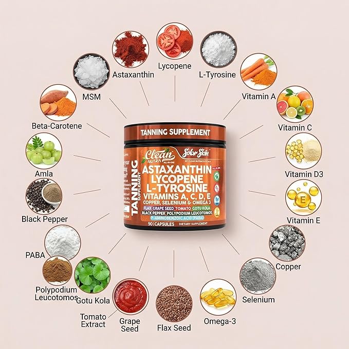 Solar Skin Astaxanthin Tanning Supplement Lycopene L-Tyrosine Vitamins A C D E, PABA Beta Carotene Selenium Grapeseed Extract Omega 3 Flax Seed Copper Capsules By Clea Nutra