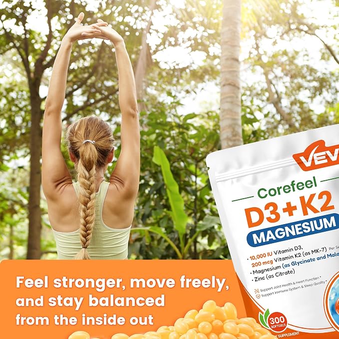 VEV Vitamin D3 K2 10,000 IU Magnesium Supplement – with Vitamin D and K (MK-7), Magnesium Glycinate & Malate, Zinc Citrate – 300 Softgels for Energy, Bone & Muscle Support