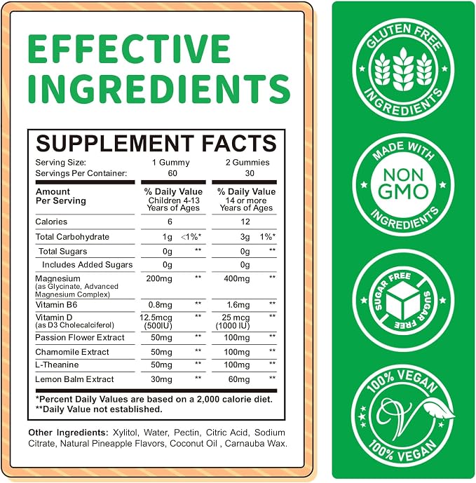 Magnesium Gummies for Kids - Magnesium Glycinate Gummies Supplement with L-Theanine, Vitamin B6, D3 for Adults & Kids, Calm Magnesium for Sleep, Relaxation, Brain, Bones,Sugar Free Pineapple 60ct
