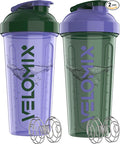 VELOMIX -2 Pack- 28 oz Protein Shaker Bottles for Protein Mixes - 2x Wire Whisk | Leak Proof Shaker Cups for Protein Shakes and Pre Workout | Protein Shaker Bottle Pack (C2) Green/Purple