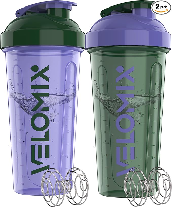 VELOMIX -2 Pack- 28 oz Protein Shaker Bottles for Protein Mixes - 2x Wire Whisk | Leak Proof Shaker Cups for Protein Shakes and Pre Workout | Protein Shaker Bottle Pack (C2) Green/Purple