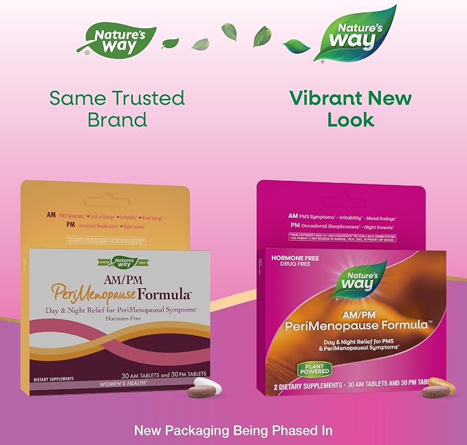 Nature's Way AM/PM PeriMenopause Formula, Perimenopause and PMS Symptom Support*, Hormone-Free, Hot Flashes*, PMS Symptoms*, Restful Sleep*, 30 AM & 30 PM Tablets (Packaging May Vary)