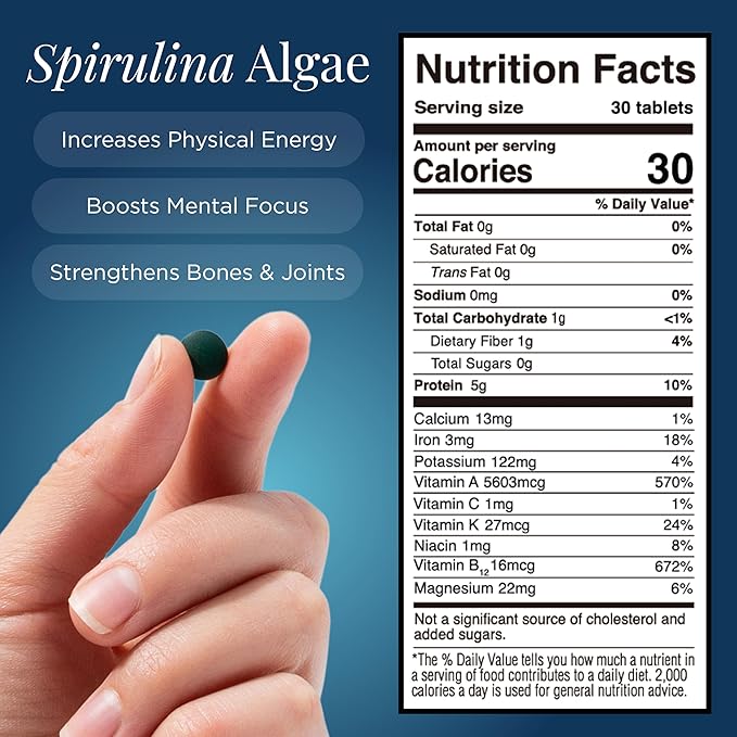 ENERGYBITS - Organic Spirulina Tablets - Plant-Based Algae Superfood - for Focus, Fitness, Energy - Plant Protein - Gluten Free - Collagen, Vitamin B12, Omega 3 - Keto & Vegan - 1000 Algae Tablets