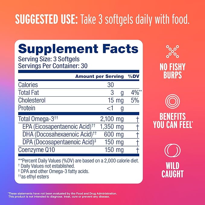 Oceanblue Omega 3 2100 with CoQ10 | Triple Strength Fish Oil Combo Supplement | 1350MG EPA 650MG DHA 150MG DPA with 150MG CoQ10 | Orange Flavor | Heart Support | 90 Softgels